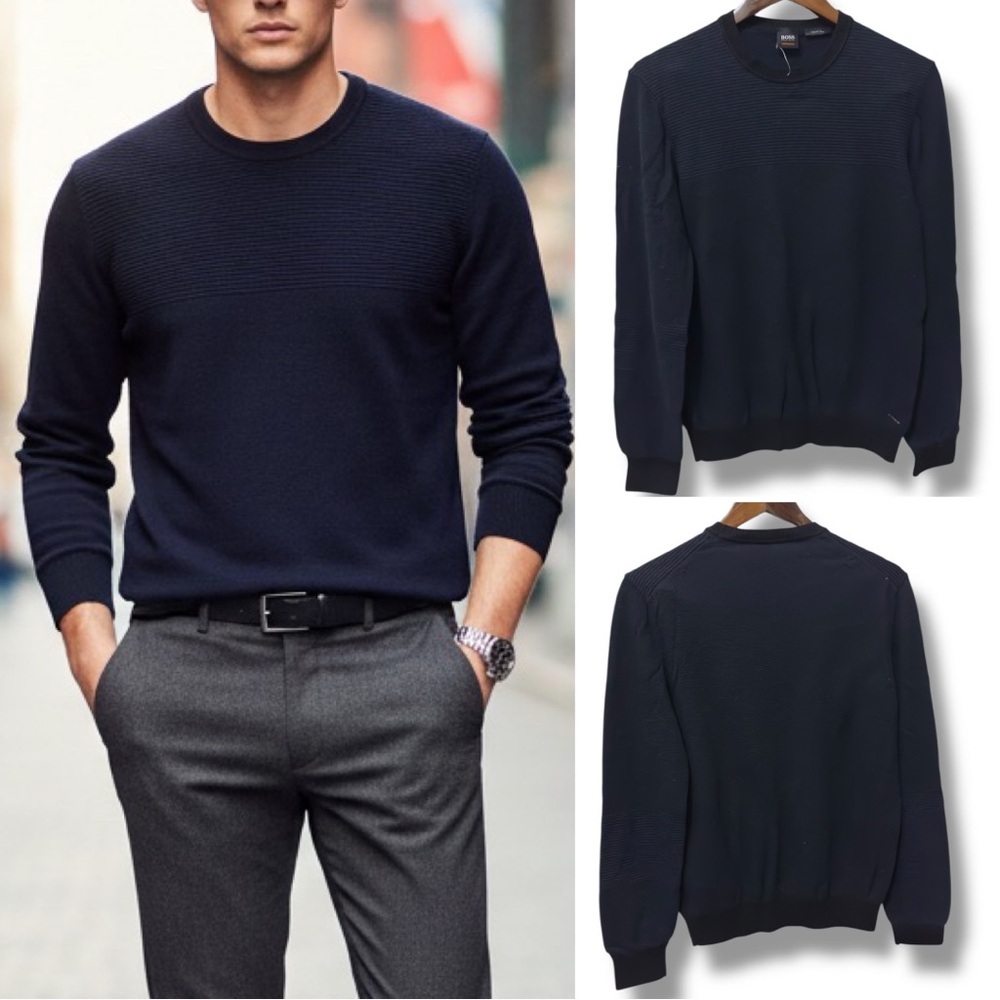 BOSS Hugo Boss | NWOT Men’s Italian Yarn Textured Navy Crewneck Sweater (sz M)